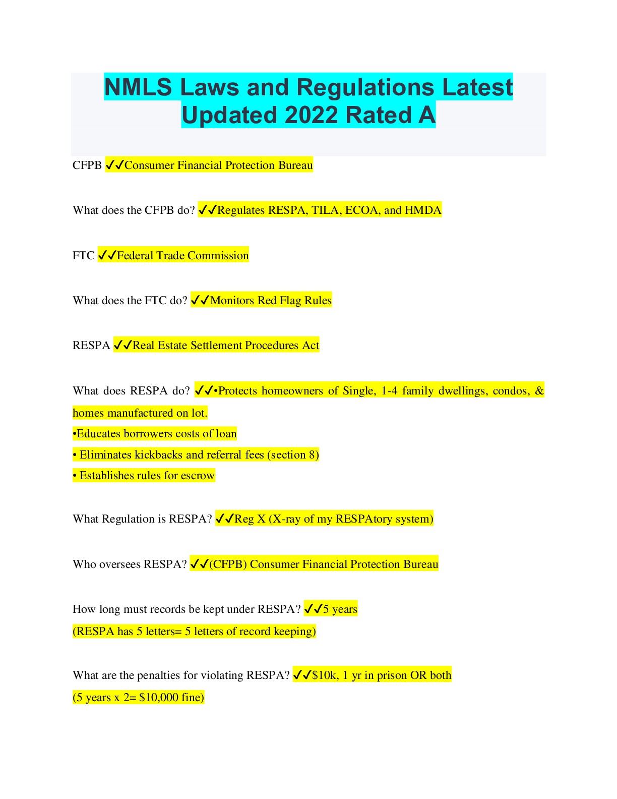 Preview image for NMLS Laws and Regulations Latest Updated 2022 Rated A
